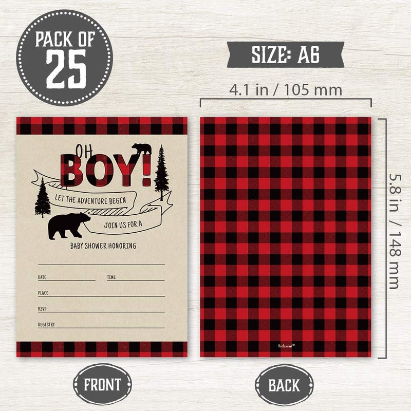 Hat Acrobat Set of 25 Lumberjack Baby Shower Invitations - Rustic Baby Shower Invitations for Boy, Buffalo Plaid Baby Shower Decorations - Oh Boy Baby Shower Invitations with Diaper Raffle Cards, Envelopes - Image 2